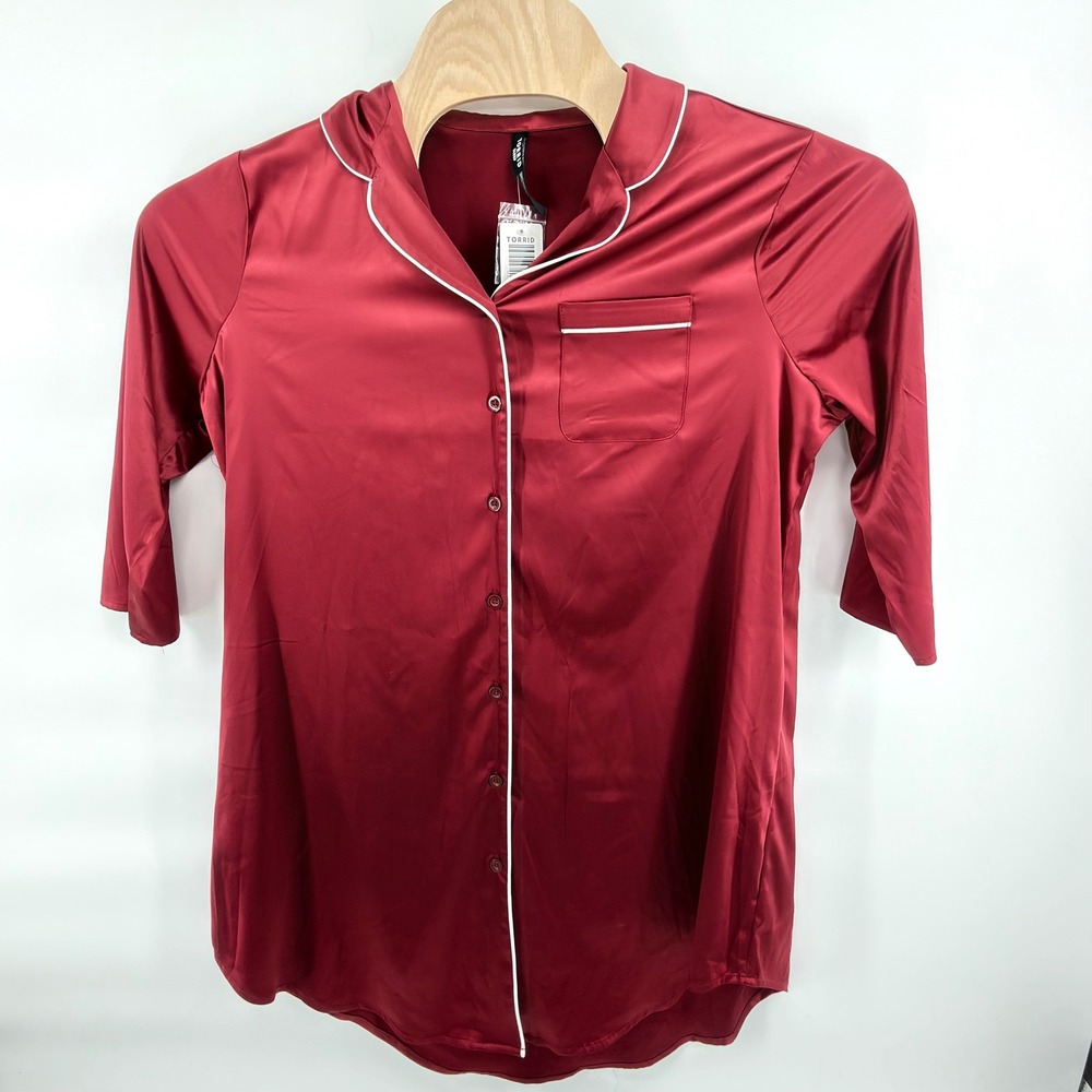 Torrid Dream Satin Button‎ Sleep Gown Red Burgundy Pajama Shirt Pocket Night